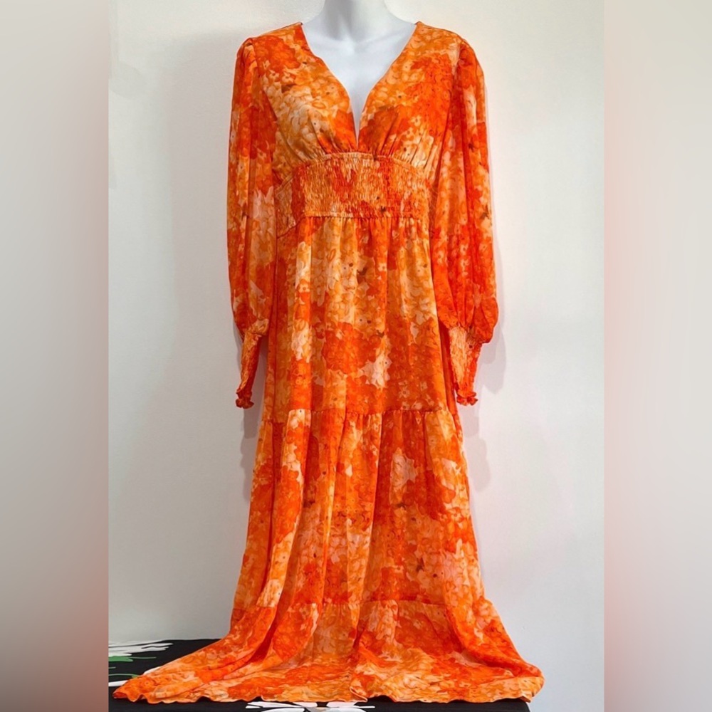 Multi Shades of Orange Floral Maxi Dress, Plunge V-Neck, Size Small